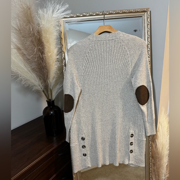Alya Cream Ribbed Knit Open Cardigan w/ Elbow Patches & Chunky Buttons - Small - Picture 2 of 7
